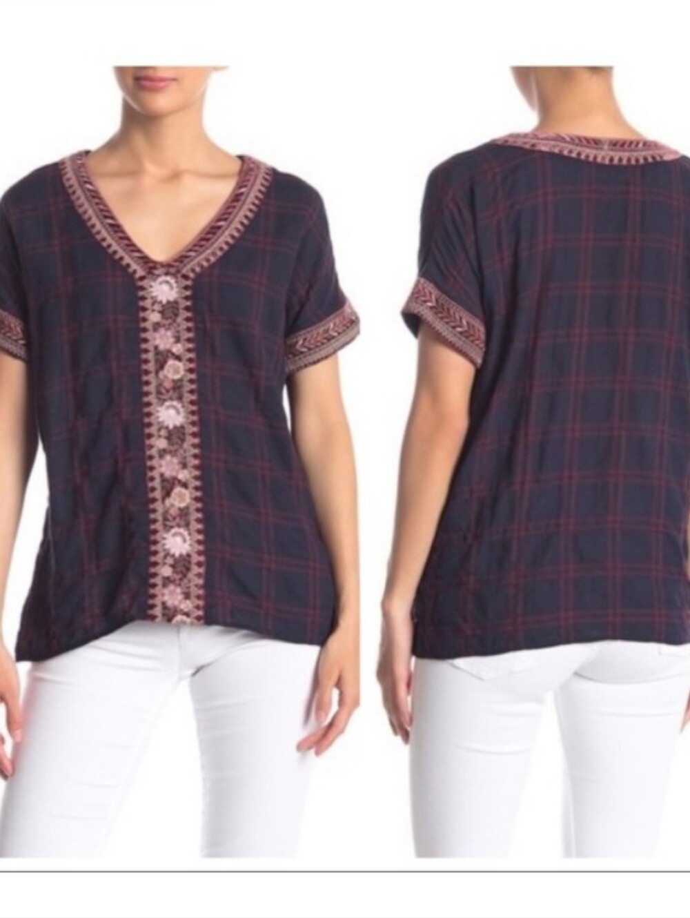 Johnny Was Girls' Navy Plaid Top with Burgundy Embroidered Trim M -L - Picture 2 of 6